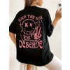 Kadın Kısa Kol Yazlık Tişört Bisiklet Yaka Baskılı Oversize T-Shirt - Siyah