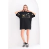 Kadın Kısa Kol Yazlık Tişört Bisiklet Yaka Baskılı Oversize T-Shirt - Siyah