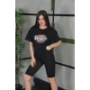 Kadın Kısa Kol Yazlık Tişört Bisiklet Yaka Baskılı Oversize T-Shirt - Siyah