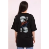 Kadın Kısa Kol Yazlık Tişört Bisiklet Yaka Baskılı Oversize T-Shirt - Siyah
