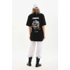 Kadın Kısa Kol Yazlık Tişört Bisiklet Yaka Baskılı Oversize T-Shirt - Siyah