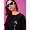 Kadın Kısa Kol Yazlık Tişört Bisiklet Yaka Baskılı Oversize T-Shirt - Siyah