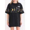Kadın Kısa Kol Yazlık Tişört Bisiklet Yaka Baskılı Oversize T-Shirt - Siyah