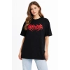 Kadın Kısa Kol Yazlık Tişört Bisiklet Yaka Baskılı Oversize T-Shirt -  Siyah
