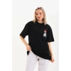 Kadın Kısa Kol Yazlık Tişört Bisiklet Yaka Baskılı Oversize T-Shirt - Siyah