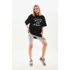 Kadın Kısa Kol Yazlık Tişört Bisiklet Yaka Baskılı Oversize T-Shirt - Siyah