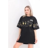 Kadın Kısa Kol Yazlık Tişört Bisiklet Yaka Baskılı Oversize T-Shirt - Siyah