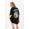 Kadın Kısa Kol Yazlık Tişört Bisiklet Yaka Baskılı Oversize T-Shirt - Siyah