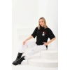 Kadın Kısa Kol Yazlık Tişört Bisiklet Yaka Baskılı Oversize T-Shirt - Siyah