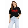 Kadın Kısa Kol Yazlık Tişört Bisiklet Yaka Baskılı Oversize T-Shirt -  Siyah