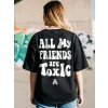 Kadın Kısa Kol Yazlık Tişört Bisiklet Yaka Baskılı Oversize T-Shirt - Siyah