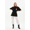Kadın Kısa Kol Yazlık Tişört Bisiklet Yaka Baskılı Oversize T-Shirt - Siyah