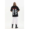 Kadın Kısa Kol Yazlık Tişört Bisiklet Yaka Baskılı Oversize T-Shirt - Siyah