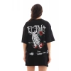 Kadın Kısa Kol Yazlık Tişört Bisiklet Yaka Baskılı Oversize T-Shirt - Siyah