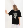 Kadın Kısa Kol Yazlık Tişört Bisiklet Yaka Ejderha Baskılı T-Shirt - Siyah