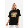 Kadın Kısa Kol Yazlık Tişört Bisiklet Yaka Ejderha Baskılı T-Shirt - Siyah