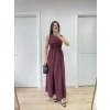 Kadın Kolsuz Göğüs Lastıklı %100 Poplin Uzun Elbise - Bordo
