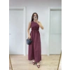 Kadın Kolsuz Göğüs Lastıklı %100 Poplin Uzun Elbise - Bordo