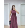 Kadın Kolsuz Göğüs Lastıklı %100 Poplin Uzun Elbise - Bordo