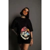 Kadın Mario Baskılı T-Shirt Oversize Kısa kol Bisiklet yaka tişort - Siyah