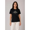 Kadın Müzik Temalı Baskılı Tişört Bisiklet Yaka Kısa Kol T-Shirt - Siyah