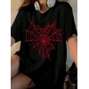 Kadın Örümcek Ağ Baskılı T-Shirt Kısa Kol Bisiklet Yaka Oversize Tişört - Siyah
