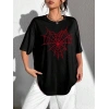 Kadın Örümcek Ağ Baskılı T-Shirt Kısa Kol Bisiklet Yaka Oversize Tişört - Siyah