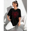Kadın Örümcek Ağ Baskılı T-Shirt Kısa Kol Bisiklet Yaka Oversize Tişört - Siyah
