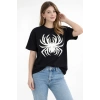 Kadın Örümcek Baskılı Tişört Kısa Kollu Bisiklet Yaka T-Shirt - Siyah