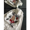 Kadın Oversize Kapüşonlu Cepli Baskılı 3 İplik Pamuklu Hoodie Sweatshirt - Beyaz