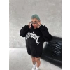 Kadın Oversize Kapüşonlu Cepli Baskılı 3 İplik Pamuklu Hoodie Sweatshirt - Siyah