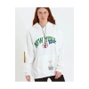 Kadın Oversize Kapüşonlu Cepli Ön Kol Baskılı 3 İplik Pamuklu Hoodie Sweatshirt - Beyaz