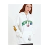 Kadın Oversize Kapüşonlu Cepli Ön Kol Baskılı 3 İplik Pamuklu Hoodie Sweatshirt - Beyaz