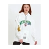 Kadın Oversize Kapüşonlu Cepli Ön Kol Baskılı 3 İplik Pamuklu Hoodie Sweatshirt - Beyaz