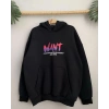 Kadın Oversize Kapüşonlu Cepli WANT Baskılı 3 İplik Pamuklu Hoodie Sweatshirt - Siyah