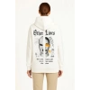 Kadın Oversize Kapüşonlu Kanguru Cepli Baskılı 3 İplik Pamuklu Sweatshirt Hoodie -   Beyaz