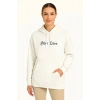 Kadın Oversize Kapüşonlu Kanguru Cepli Baskılı 3 İplik Pamuklu Sweatshirt Hoodie -   Beyaz