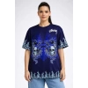 Kadın Oversize Tişört Dragon & Kuru Kafa Baskılı Bisiklet Yaka T-Shirt - Lacivert
