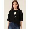 Kadın Papatya Baskılı T-Shirt Kısa Kol Bisiklet Yaka Oversize  Tişört - Siyah