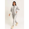 Kadın Premium Parçalı Eşofman Alt-Üst Takım - Dik Yaka Fermuarlı Sweatshirt - Gri