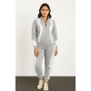 Kadın Premium Parçalı Eşofman Alt-Üst Takım - Dik Yaka Fermuarlı Sweatshirt - Gri