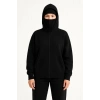 Kadın Samuray Ninja Çift Kapüşonlu Maske Detaylı 3 İplik Hoodie - Siyah