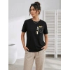 Kadın Sevimli Kedi Cep Baskılı Tişört Kısa Kol Yazlık T-Shirt - Siyah