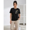 Kadın Sevimli Kedi Cep Baskılı Tişört Kısa Kol Yazlık T-Shirt - Siyah