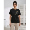 Kadın Sevimli Kedi Cep Baskılı Tişört Kısa Kol Yazlık T-Shirt - Siyah