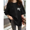 Kadın T-shirt Bisiklet yaka  NY Baskılı kısa kol Tişört - Siyah