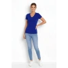 Kadın T-Shirt V Yaka Slim Fit Likralı Tişört Yazlık Basic Body - İndigo