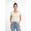Kadın T-Shirt V Yaka Slim Fit Likralı Tişört Yazlık Basic Body - Taş