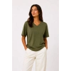 Kadın V Yaka Basic Tişört Kısa Kol Yazlık Regular Fit T-Shirt - Haki