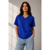 Kadın V Yaka Basic Tişört Kısa Kol Yazlık Regular Fit T-Shirt - Saks Mavisi